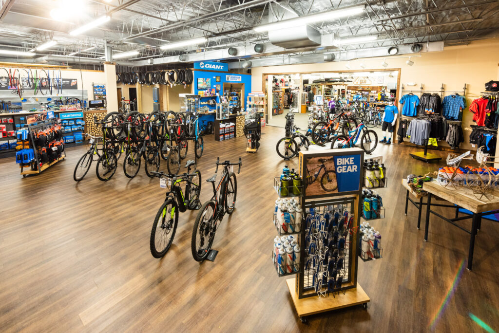 Inside a bike store - bikes and accessories.