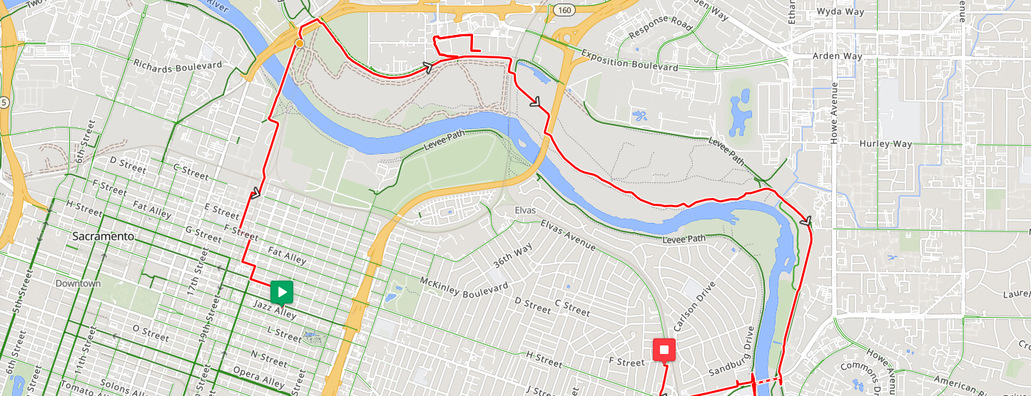 Map showing a bike route from downtown Sacramento to Costco.