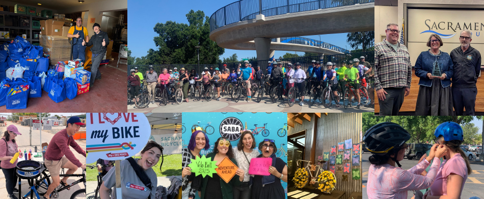 Compilation of photos of people on bikes, adjusting a helmet, and with the food collected for a food bank.
