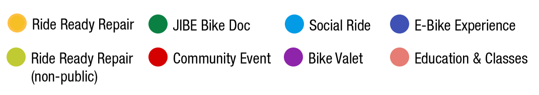 Legend for calendar: gold=Ride Ready Repair; light green=Ride Ready Repair (non-public); dark green=JIBE Bike Doc; red=community event; purple=bike valet; blue=social ride; dark blue=community event; pink=classes.