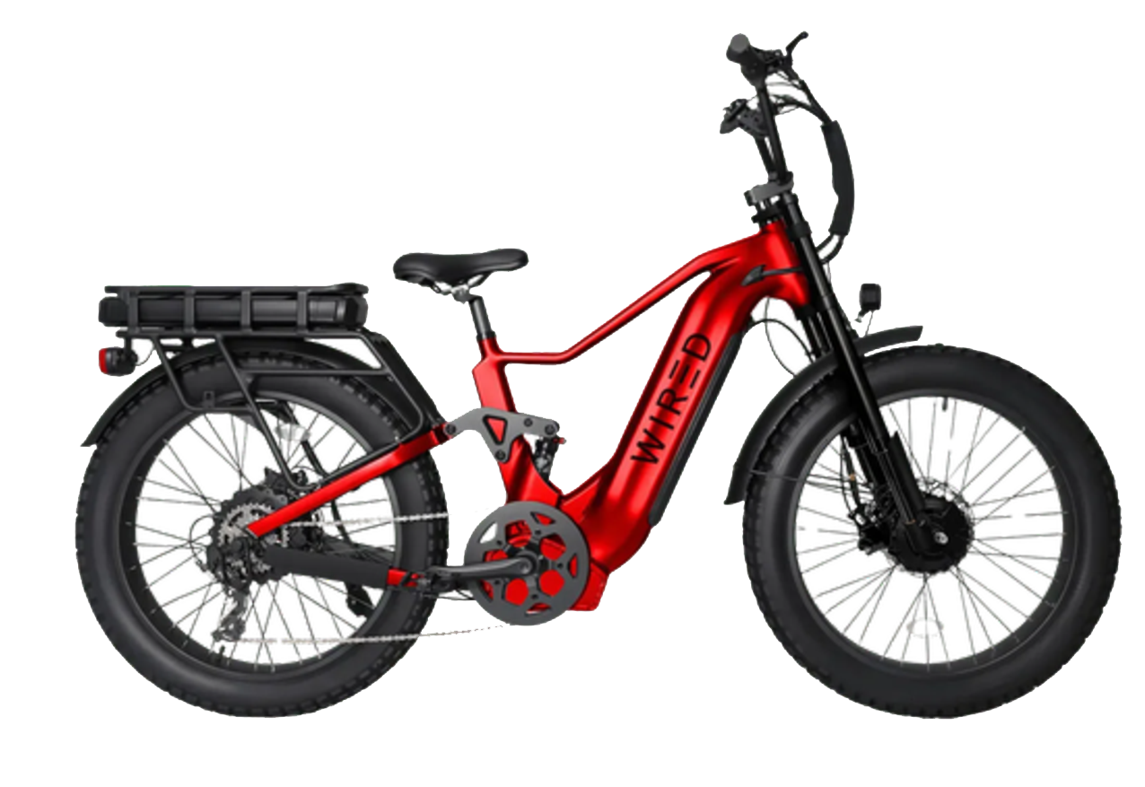 E-moto with a red frame and a regular seat and big tires.