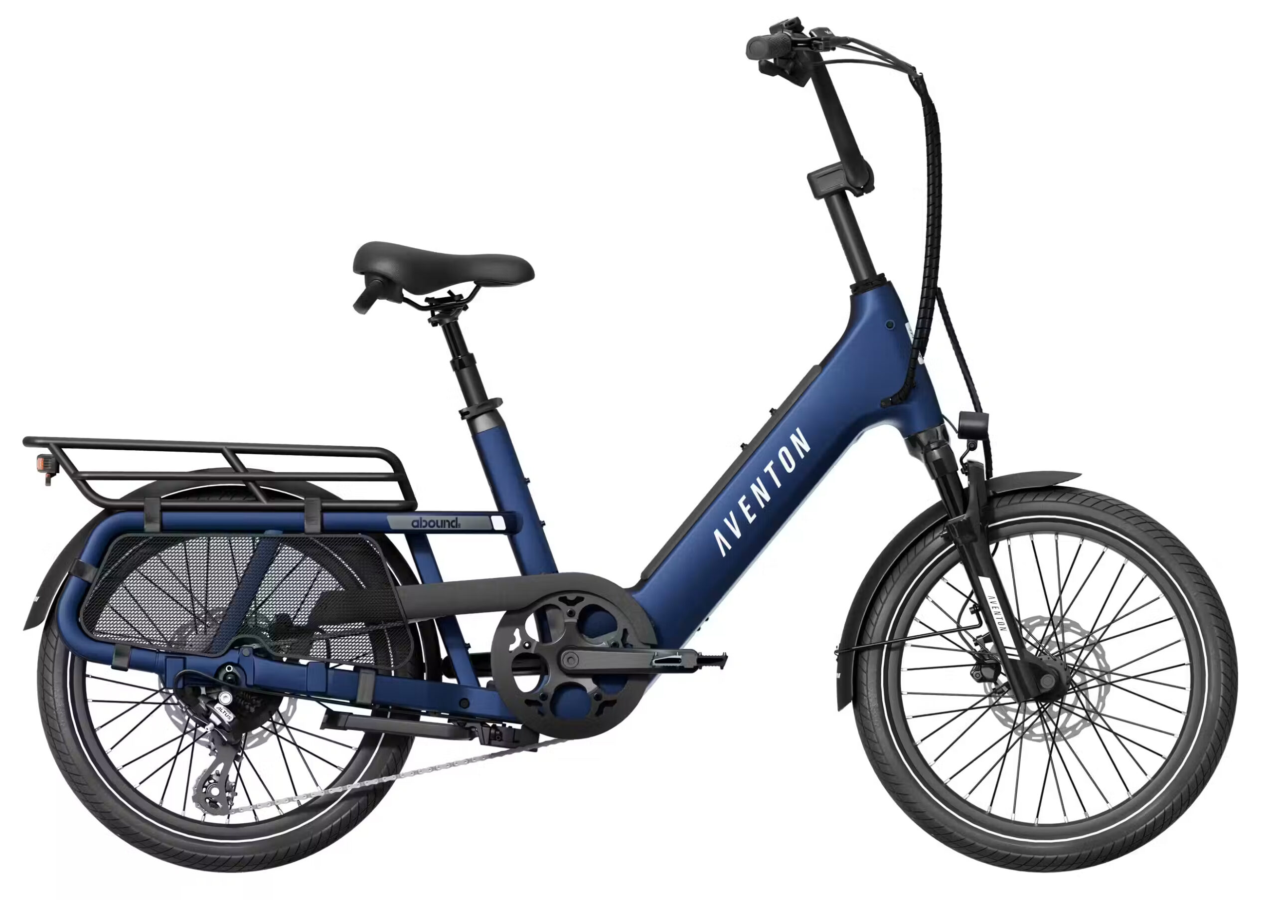 Blue step through e-bike with a rack on the back.