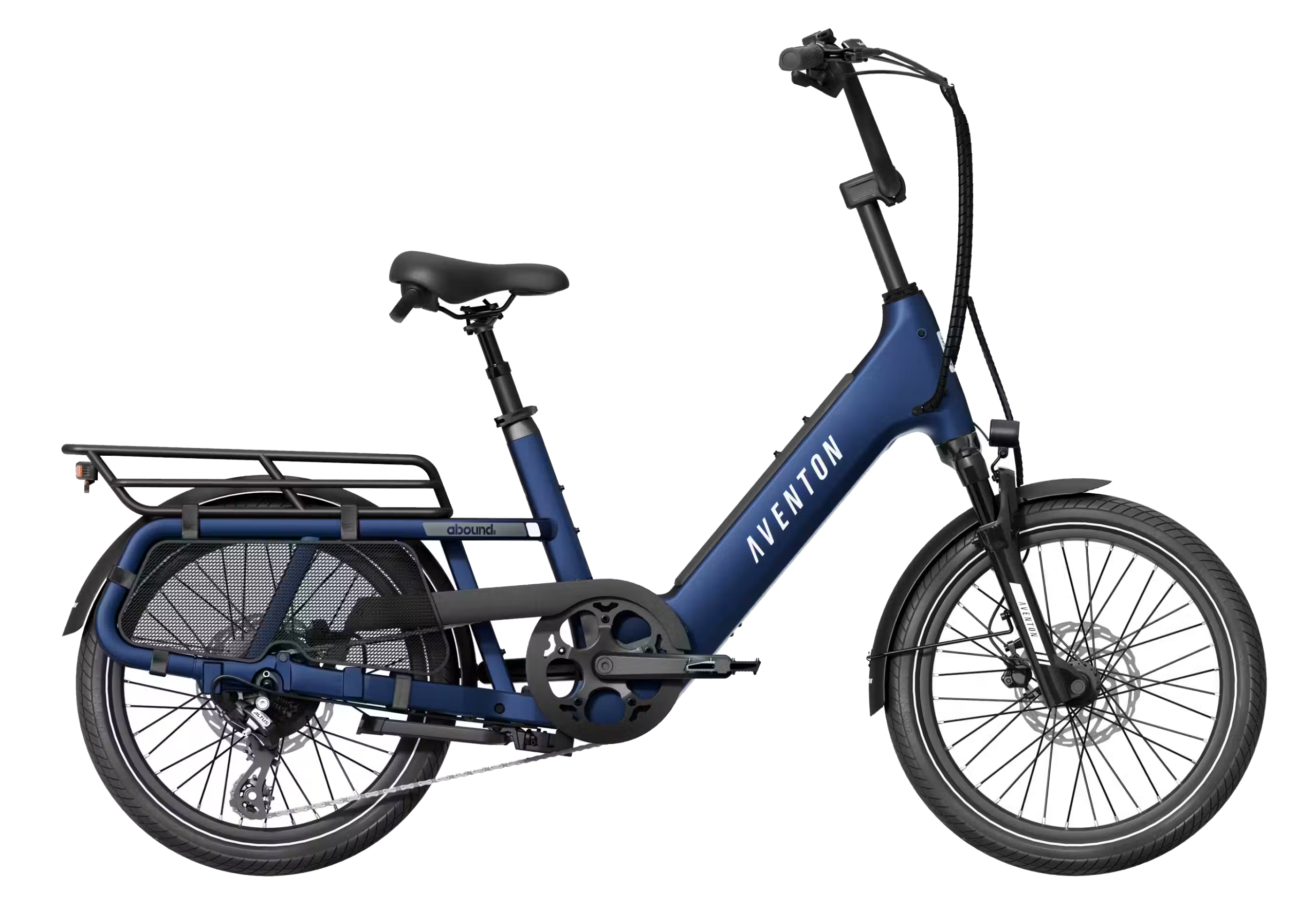 Blue step through e-bike with a rack on the back.