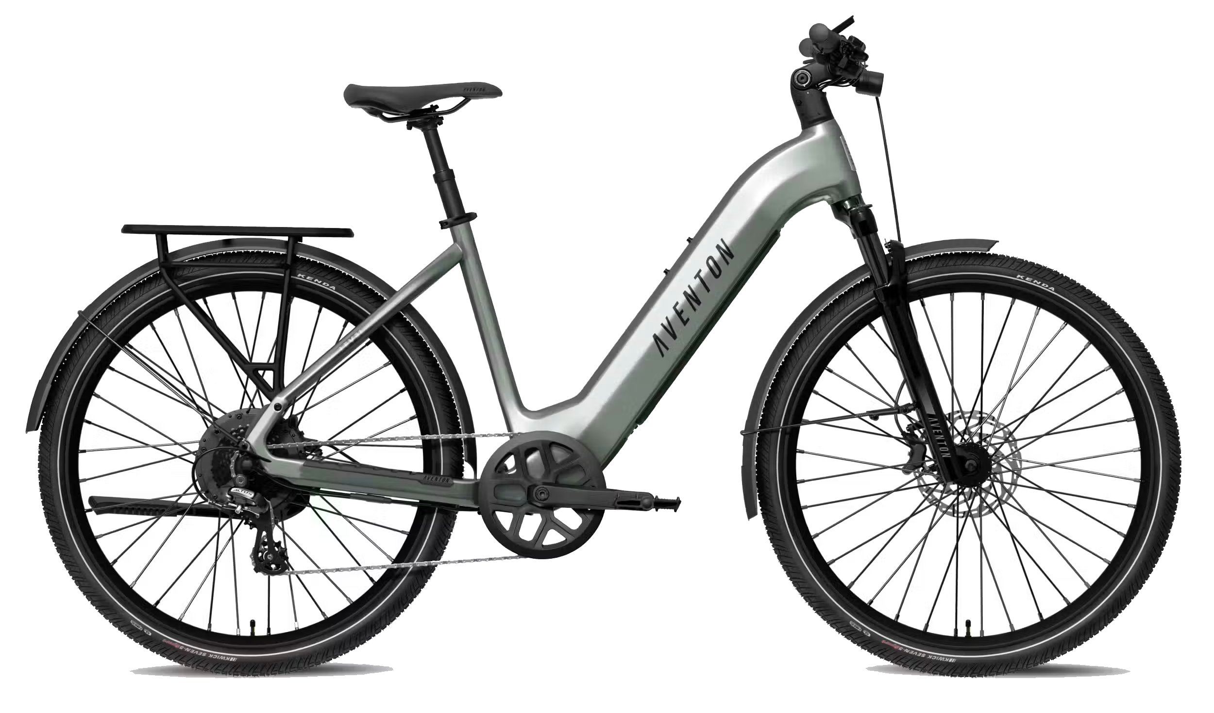 A silver step through e-bike